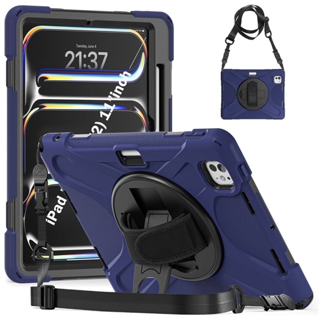 Funda para iPad Pro 11 2025 / 2024, Silicona Anti-caída + Capa Protectora de PC con Asa, Correa para el Hombro, Funda Protectora Resistente a Golpes y Tres Pruebas para Tablet, Azul Marino