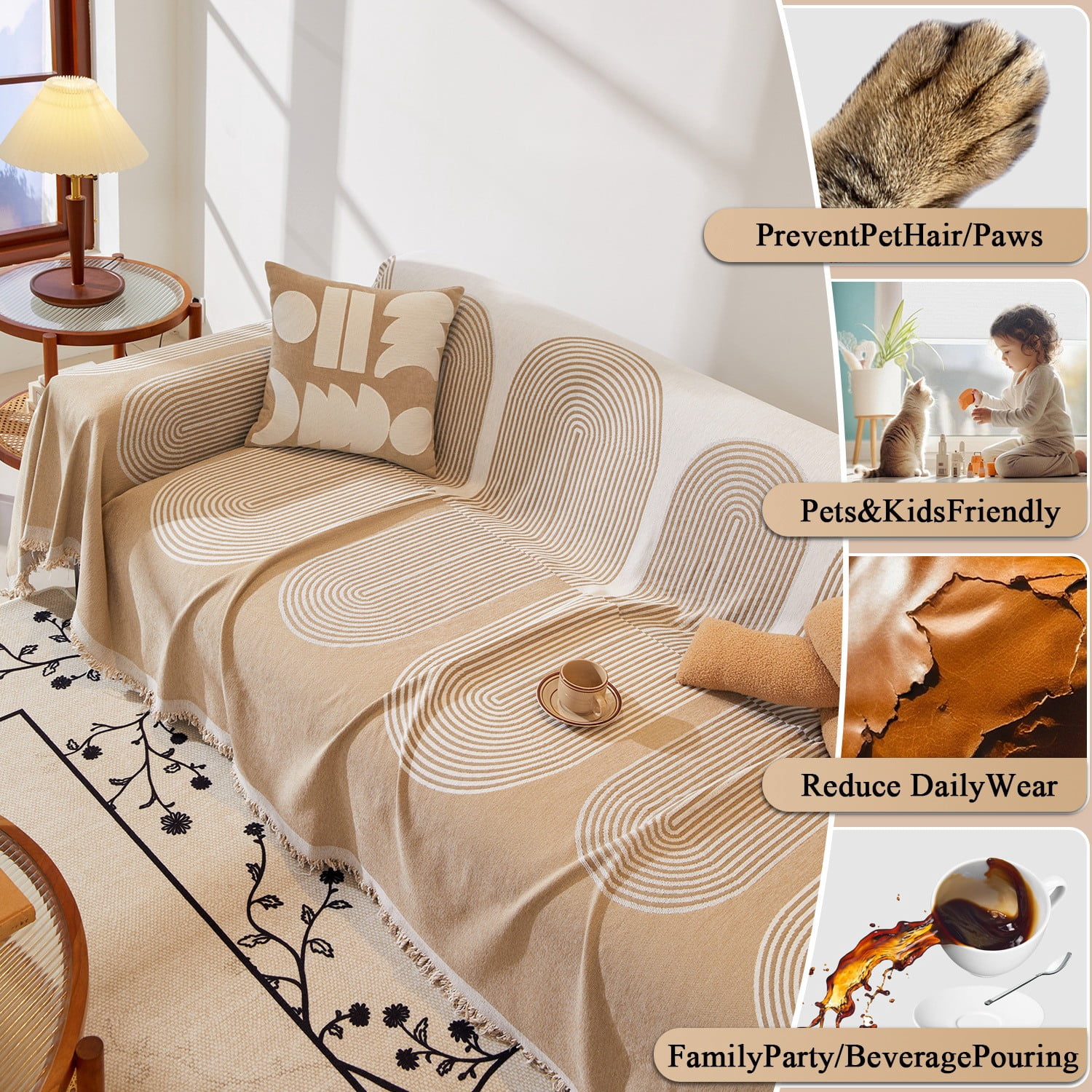 NAYOROOM Artistic Beige Sofa Cover，Couch Cover Protector Slipcover Sofa Towel Furniture Cover for Living Room（71"x 134" X-Large）