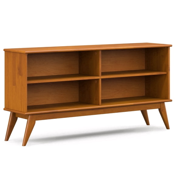 Simpli Home Draper 30 inch x 64 inch Solid Wood Mid Century Modern Low Bookcase in Teak Brown