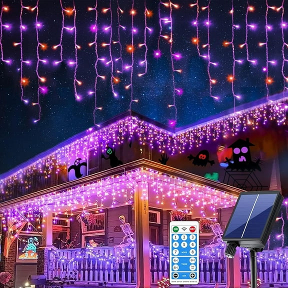 300 LED Halloween Icicle Lights Outdoor Waterproof, 8 Modes Solar Icicle Lights with 60 Drops, Purple Orange Halloween Lights for Eaves Party Yard Garden Halloween Decor