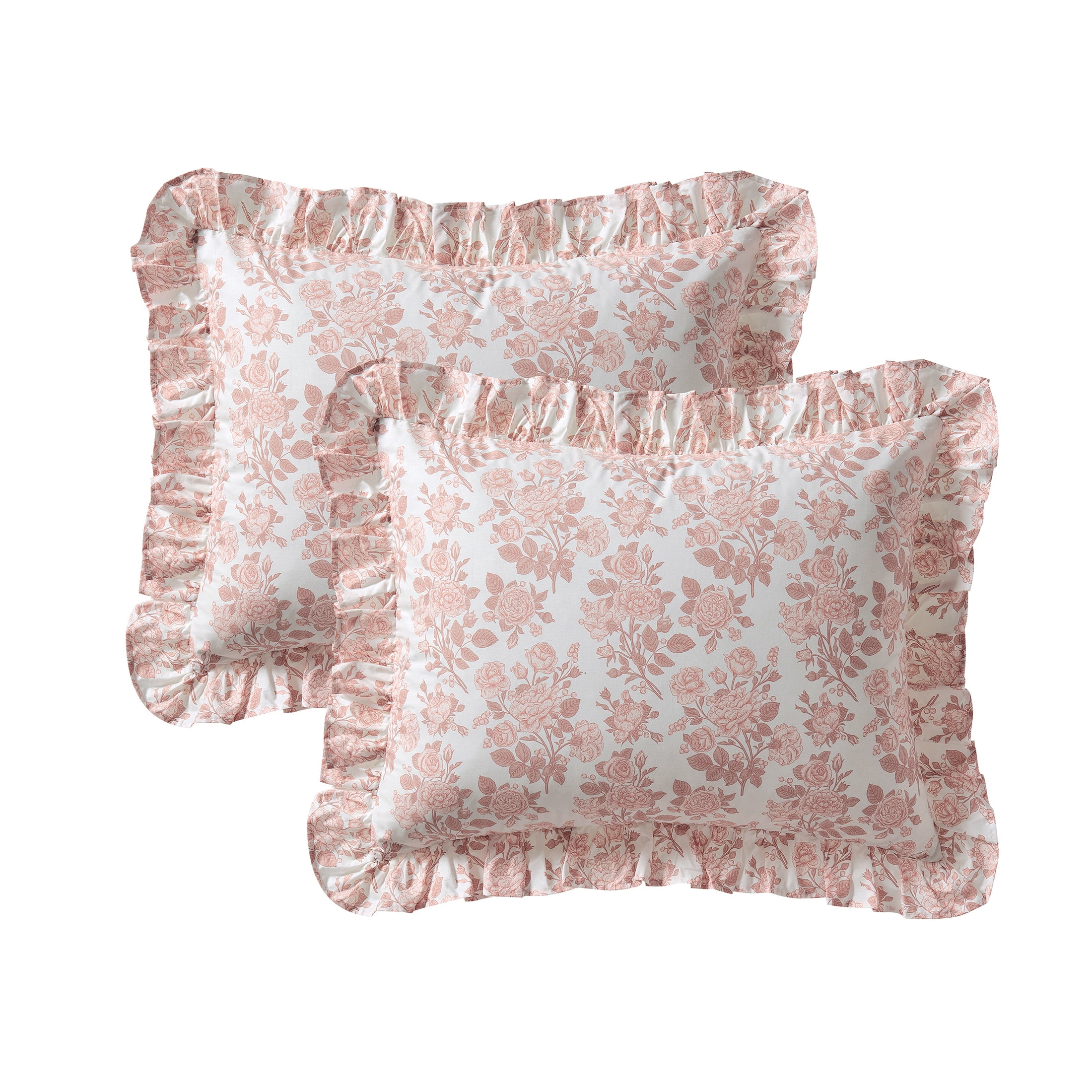 My Texas House 3-Piece Pink Floral Toile Comforter Set with Ruffle Trim, Full/Queen