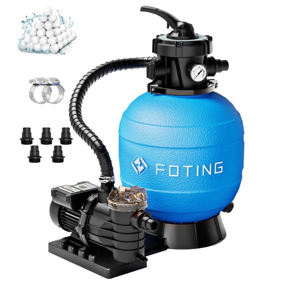 FOTING 13" 1HP 3800GPH Above Ground Pool Sand Filter Pump with 24H Timer & 7-Way Valve, Up to 13,000 Gallons