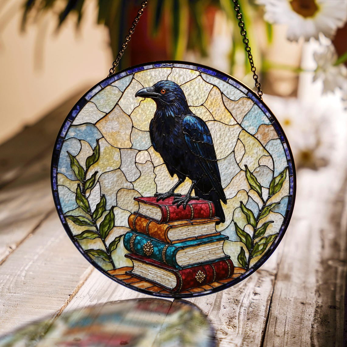 Raven on Books Glass Suncatcher Gothic Library Window Art Book Lover 3.5 in