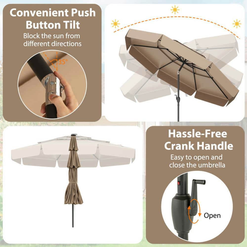 Spaco 10 Feet Solar Patio Umbrella with 3-Tier Vented Top, Outdoor Shade, Taupe