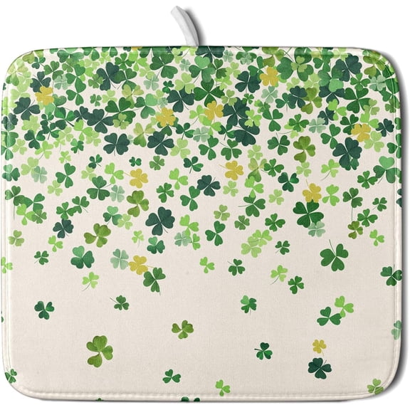 St Patricks Day Clover Dish Drying Mat for Kitchen Counter 16x18 Inch Green Lucky Shamrock Clover Kitchen Mat Microfiber Super Absorbent Dishes Drainer Rack Pad for Kitchen Counter Coffee Bar