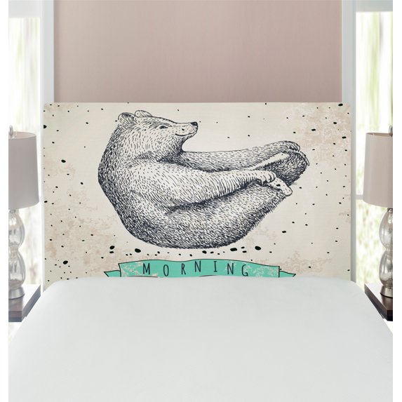 Yoga Headboard, Contemporary Illustration of Meditating Bear on Vintage Background Calm Life, Upholstered Decorative Metal Bed Headboard with Memory Foam, Twin Size, Cream Black Green, by Ambesonne