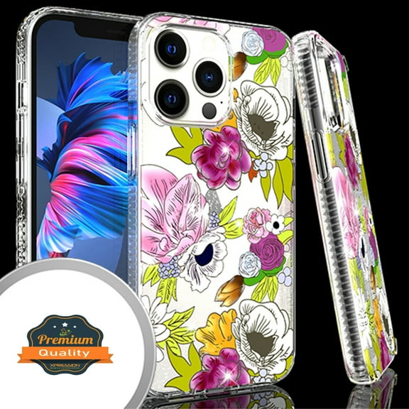 Xpression Case for Apple iPhone 13 (6.1") Clear Fashion IMD Pattern Design Hard Back PC Hybrid Bumper TPU Soft Rubber Silicone Ultra Slim Phone Cover [Flowers]
