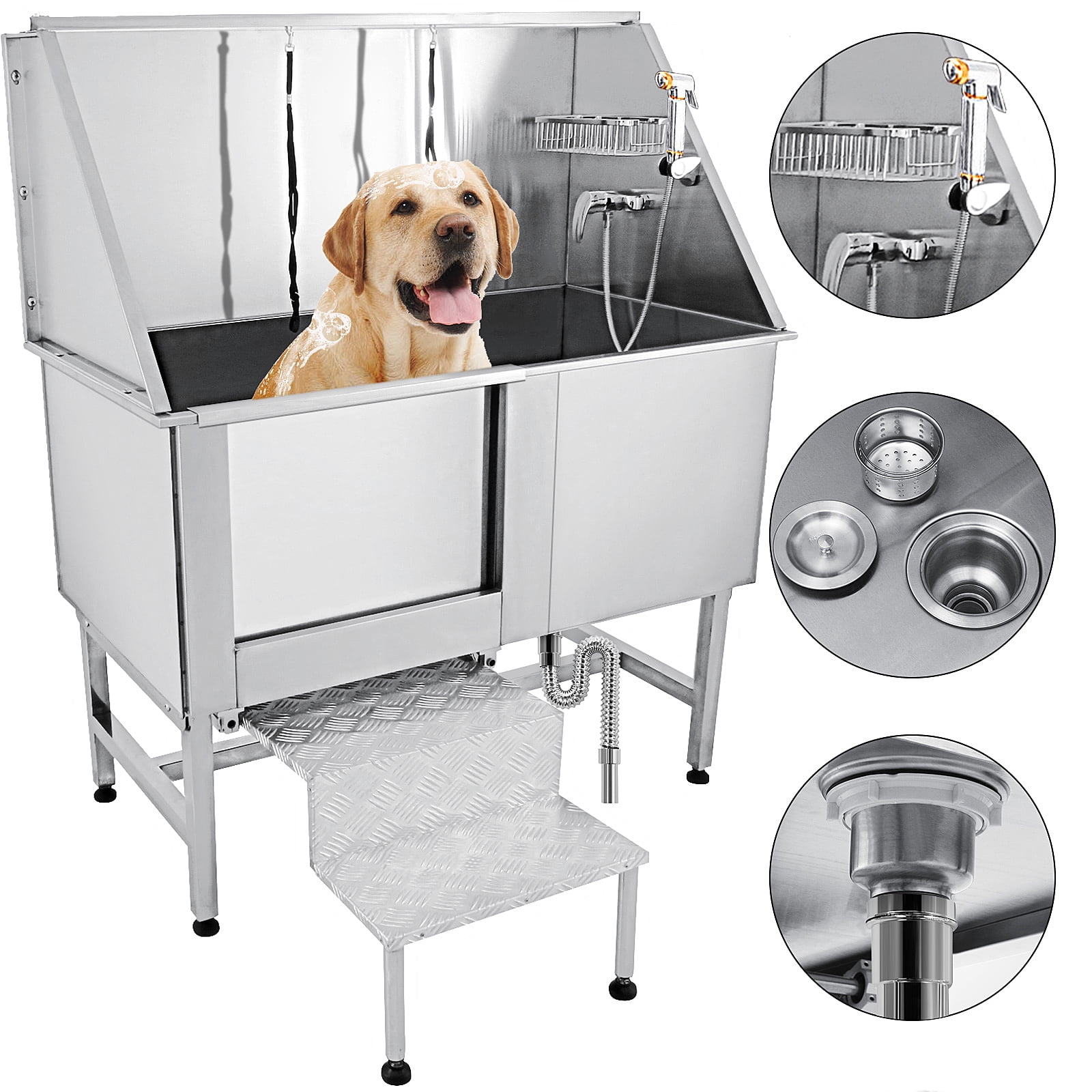 VEVOR 62 Inch Professional Dog Grooming Tub Stainless Steel Pet Bathing Tub Left Door Large Dog