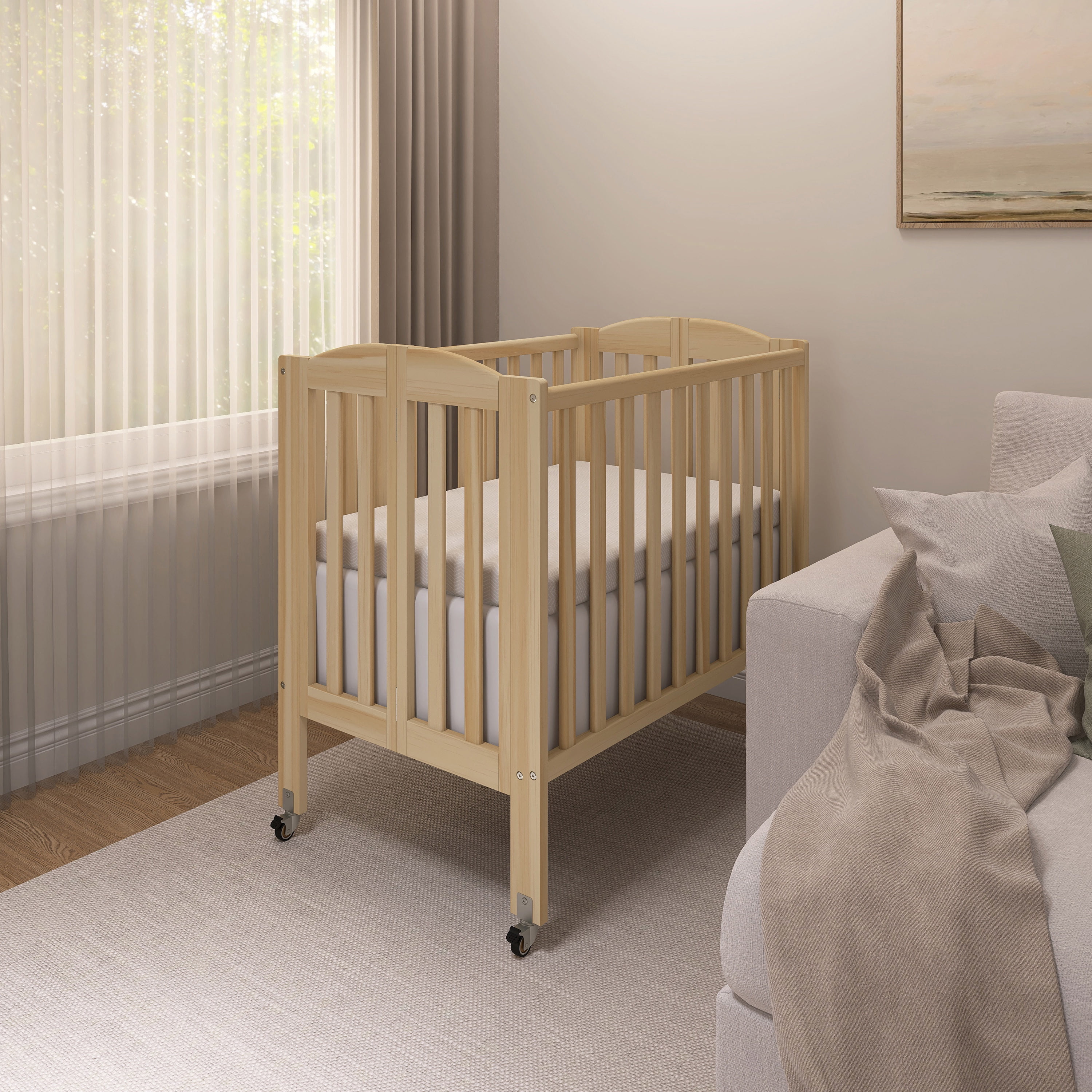 Dream On Me 2‑in‑1 Folding Portable Mini Crib – Natural