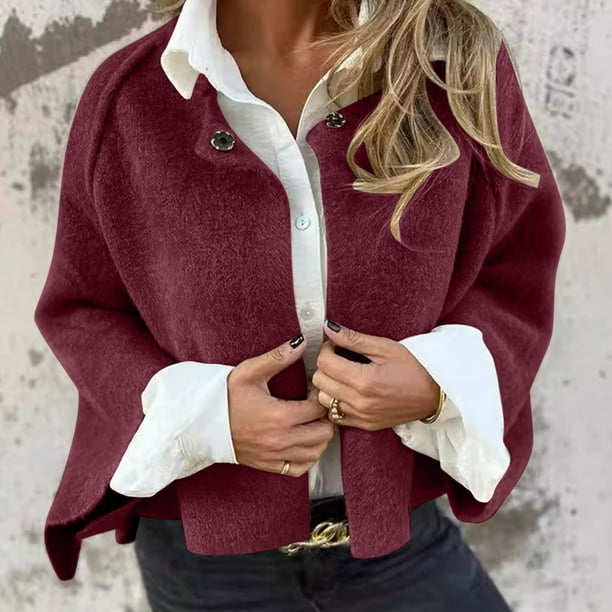 Chaqueta y abrigo informal de manga larga sin capucha para mujer, color liso, con solapa corta, tipo cárdigan, abrigo para mujer