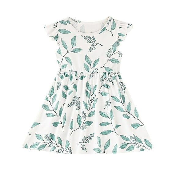 Girls Holiday Dress Toddler Kids Little Flying Sleeve Leaf Print Dress Round Neck Skirt Size for 1 to 6 Years