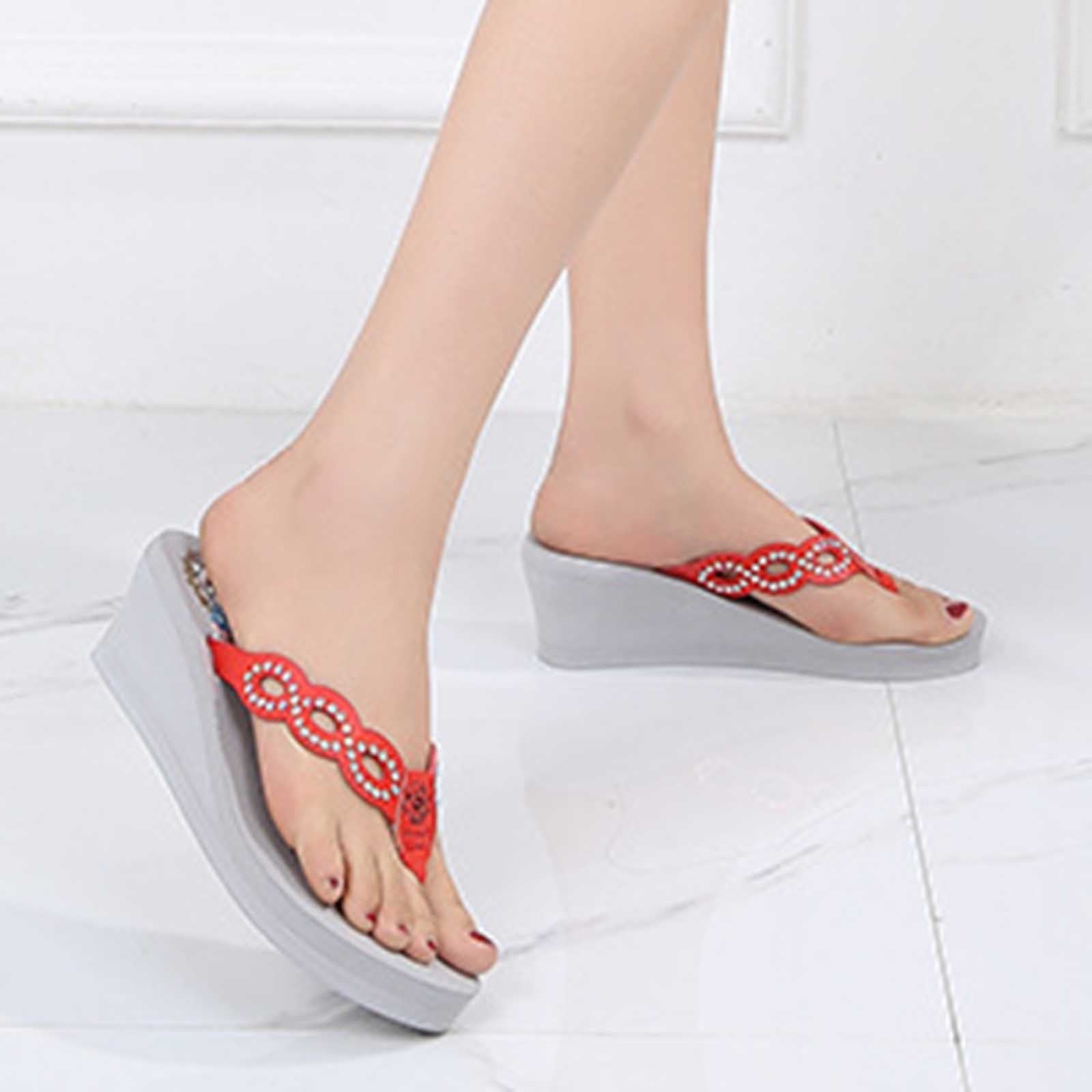 Smihono Women s Casaul Rhinestone Slope Heel Flip Flops Sandals