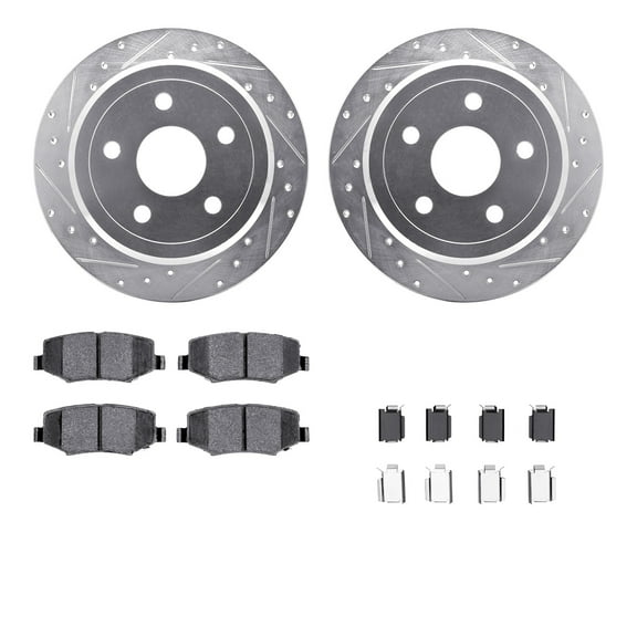 Dynamic Friction Company Rear Brake Rotors-Drilled and Slotted-Silver with Ultimate Duty Performance Brake Pads includes Hardware 7412-42037