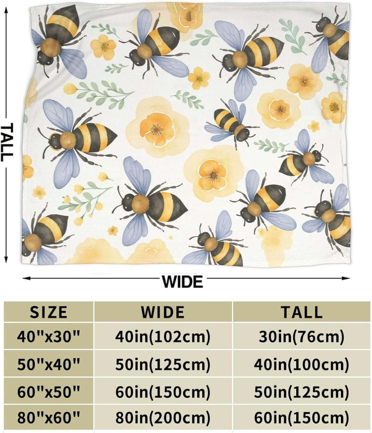 Bee Blanket Super Soft Warm Fluffy Fleece Flannel Flower Insect Blanket Cozy Fuzzy Plush Stuff Floral Bedding Blankets Gifts for Women Users men Women Adults 50"X40"