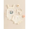 thumbnail image 2 of SUNSIOM Newborn Girl Summer Outfits Waffle Flower Embroidered Sleeveless Romper Ruffles Shorts Headband Set, 2 of 7
