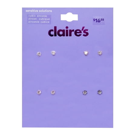 Claire's Adult Mixed Metal 3mm Cubic Zirconia, Female Stud Earrings, Post Back, 4 Pack, 74040