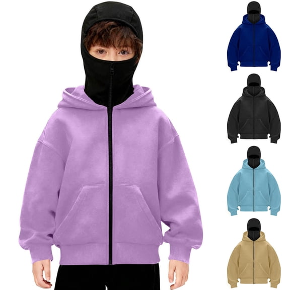 Miluxas Boys Winter Double Hoodie Sweatshirt with Face Mask Zip Up Windproof Warm Sports Jacket with Pockets Casual Hooded Coats Purple 14-15Years