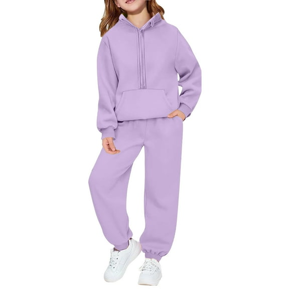 SUXIAN Fall Outfits Girls Long Sleeve Hooded Pullover and Jogger Pants Soft Casual Two Piece Comfy Tracksuit for Big Kids Youth Toddler Playwear Purple 9-10 Years