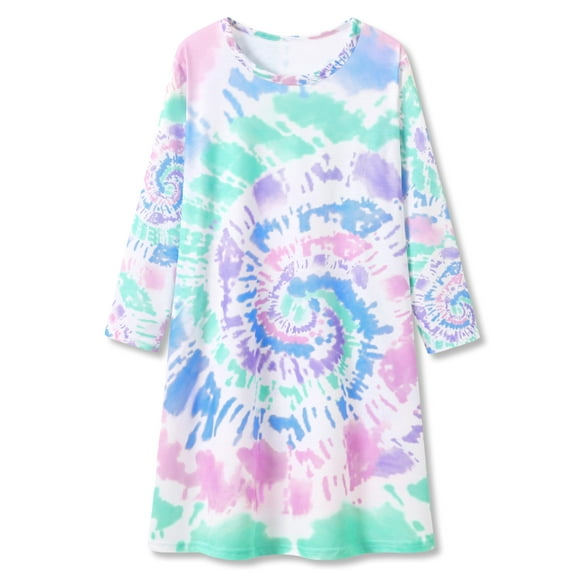Tebbis Teen Girls Nightgown – Soft Long Sleeves Sleepwear Trendy Tie Dye Spiral Nightdress Pajama Size 10