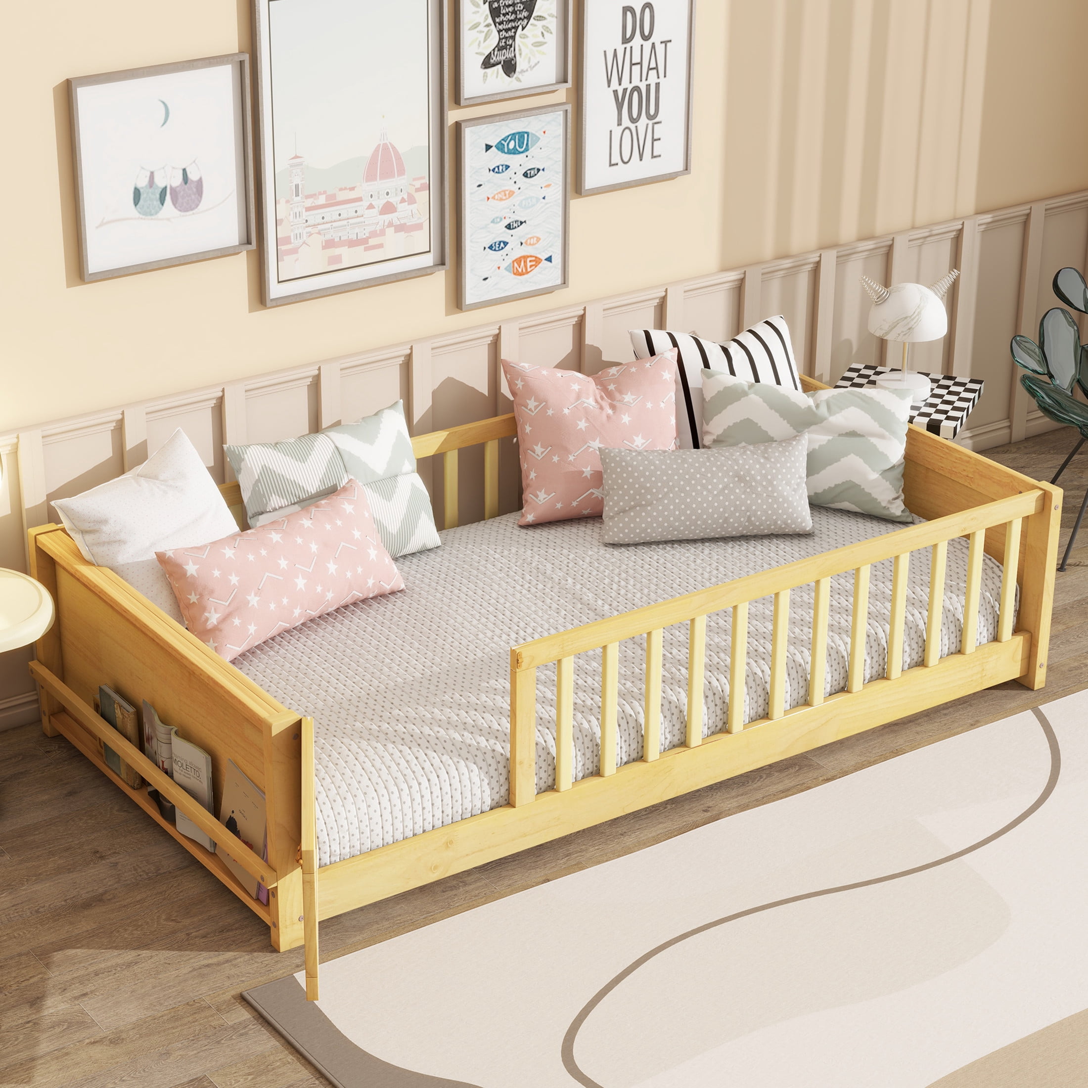 Noble House Devon Twin Floor Bed with Built-in Book Rack and Door, Sturdy Rubber Wood Montessori Bed with Fence, Natural