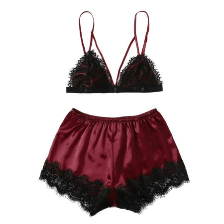 

Penkiiy Ladies Fashion Sexy Lingerie Eyelash Lace Satin Babydoll Lingerie Set Garters for Weddings M Wine on Sale