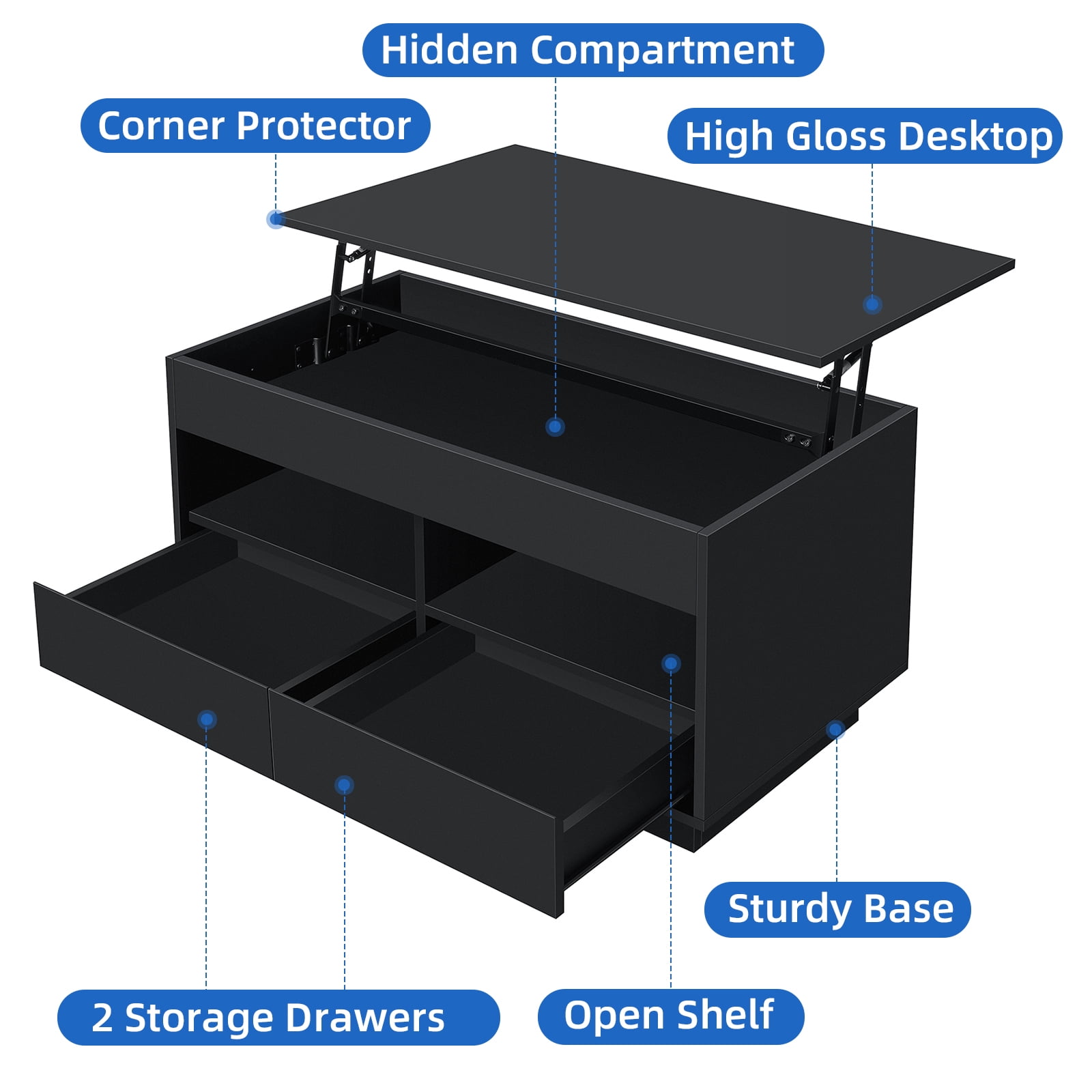 Hommpa Lift Top Coffee Table with LED Light 4 Tier Modern Center Tables with 2 Storage Drawers Hidden Compartment Open Shelves for Living Dining Room