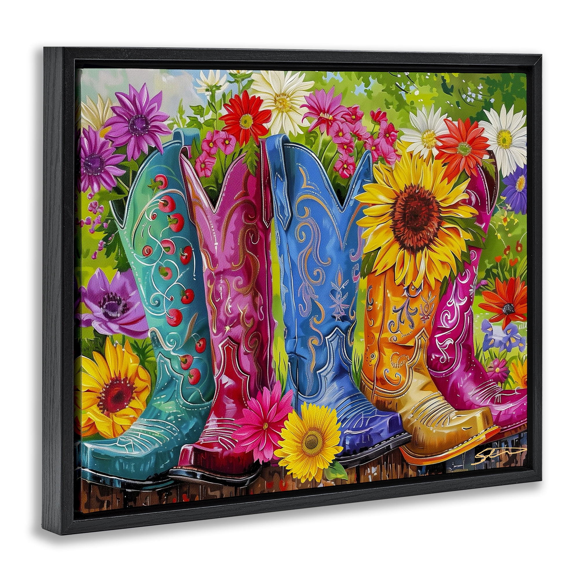 Cowboy Boots and Sunflowers Black Framed Floater Canvas Wall Art, design by Shawna Stewart
