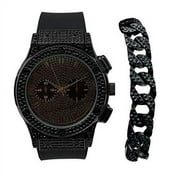 Charles Raymond Hip Hop Bang Bang All Over You Men's Watch with Black Iced Cuban Bracelet - Bling-ed Out Case and Dial with Easy Lock Smooth Black Rubber Band - ST10311BKC Cuban Set