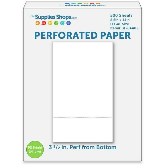 Perforated Paper, 3 1/2" From Bottom, Horizontal on White 24# LEGAL Size Copy Paper (Ream of 500)