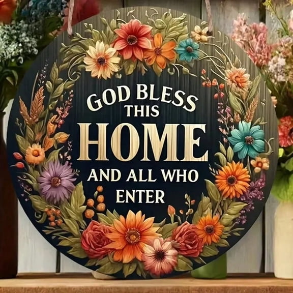 HELLOYOUNG God Bless This Home Floral Wreath Welcome Sign 8in Round Wall Decor No Batteries Required Entryway Living Room Bedroom Kitchen Office All Seasons