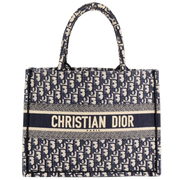 Pre-Owned Christian Dior Dior Oblique Embroidery Book Tote Medium Canvas Bag M1296ZRIW Navy