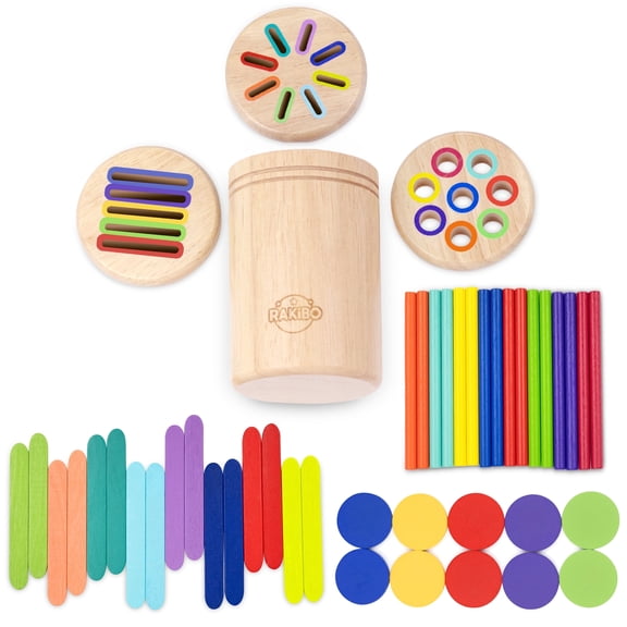 Rakibo Montessori Wooden Color Sorting Toy for Toddlers Ages 18-48months –  Fine Motor Skills Toy with Pegs, Sticks, Lids & Discs – Sensory Educational Activity – Gift-Ready in Box Learning Toy