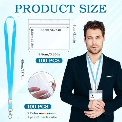 100 Pack Name Tag Lanyards with Id Holder, Clear Plastic Horizontal Name Tags Holders and Black Badge Lanyards with ID Holder for School Office Team Workers Volunteers (Multicolor)