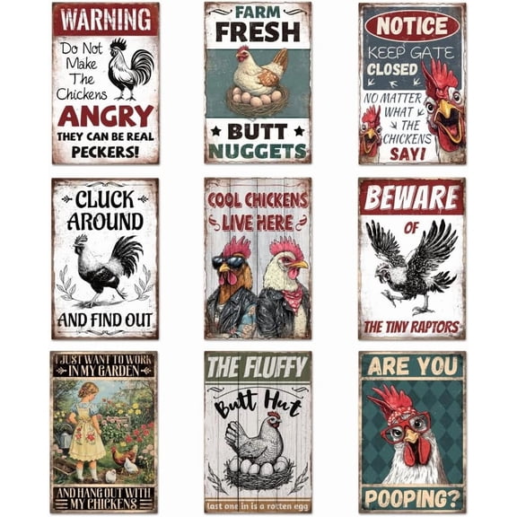 9 Pcs Chicken Coop Signs Funny Metal Chicken Signs Outdoor Chicken Decor 8×12 Inch Personalized Tin Sign Chicken Coop Accessories for House Farm Yard Garden Chicken Lovers