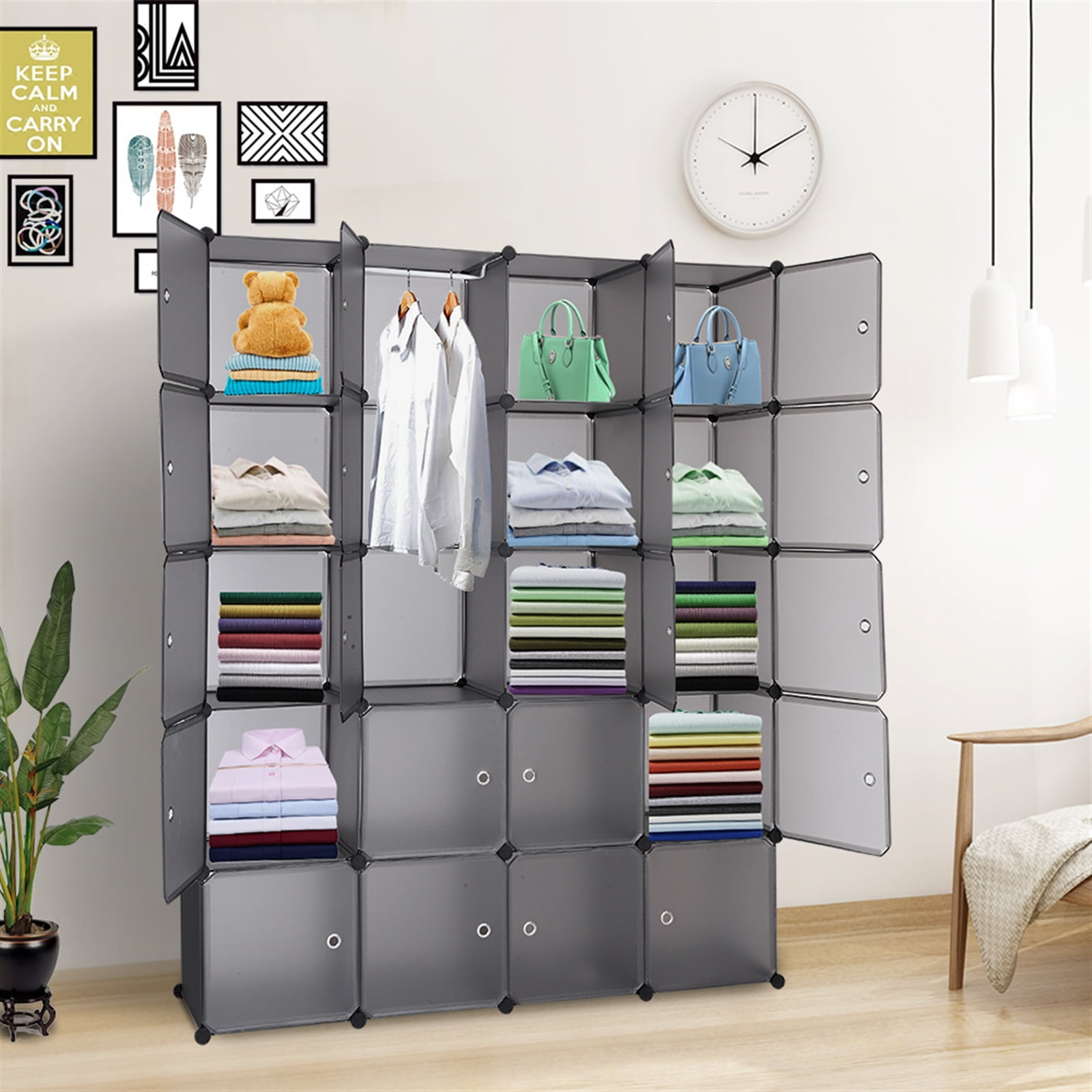 Private Jungle Plastic Closet Organizer with Doors, 20-Cube DIY Storage Cubes Organizer, Modular Storage Cabinet Book Shelf Shelving for Bedroom, Living Room, Office Gray