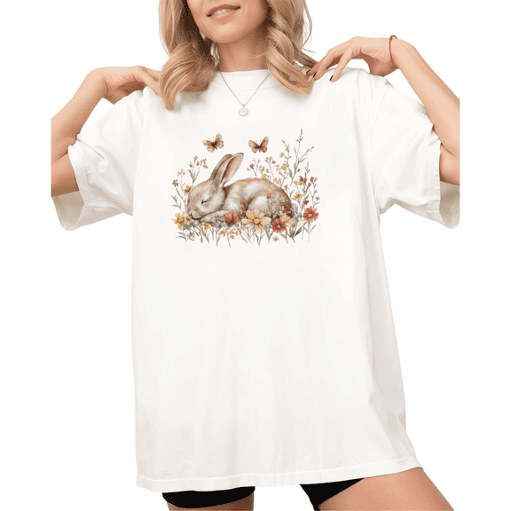 White Print Tshirt Easter Bunny Floral Pattern Cute Shirts Graphic Tees S-5XL Tops