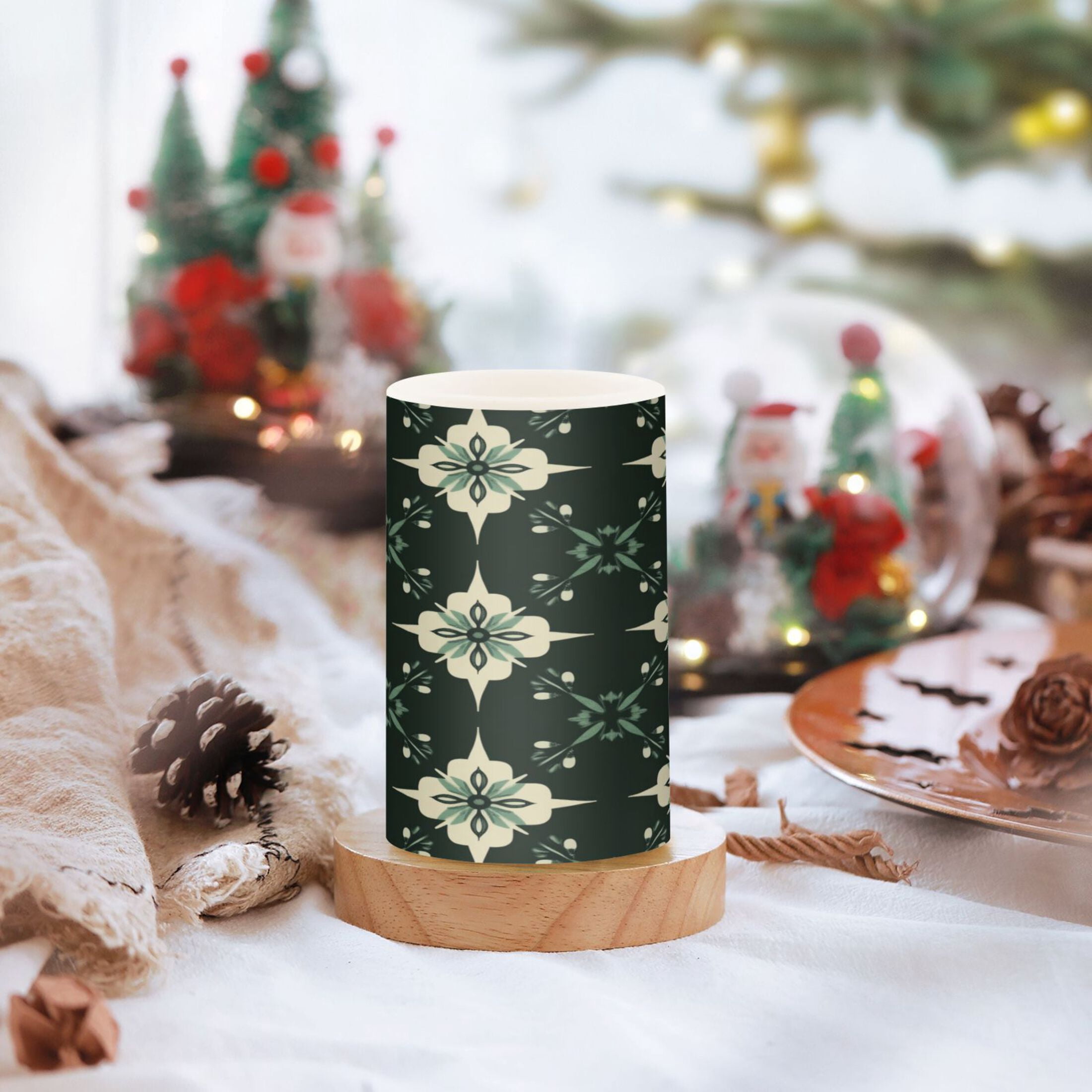 WOBOGO Size Combo Candle Flickering Flameless with Remote Control and Timer for Romantic Atmosphere A Pattern Of Dark Green Geometric Shapes