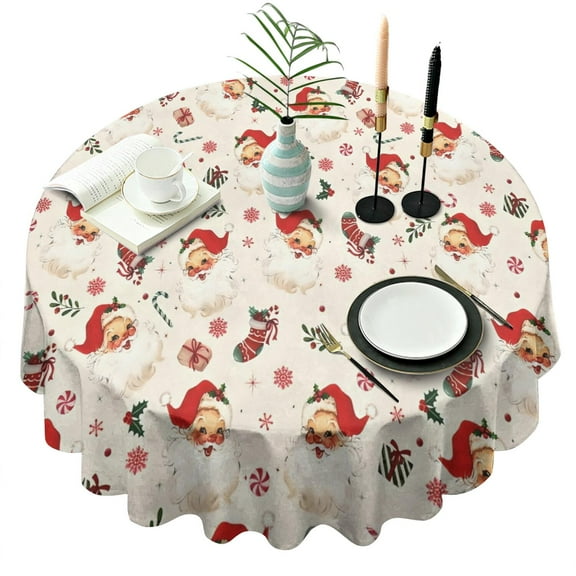 Beige Christmas Santa Pattern Round Tablecloth 60"x60",Wrinkle Wipeable Table Cloth for Kitchen Dining Room Picnic Patio Party