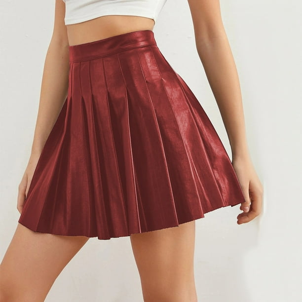 Leather Skirt Red Pleated Mini Skirt Pleated Leather Mini Skirt