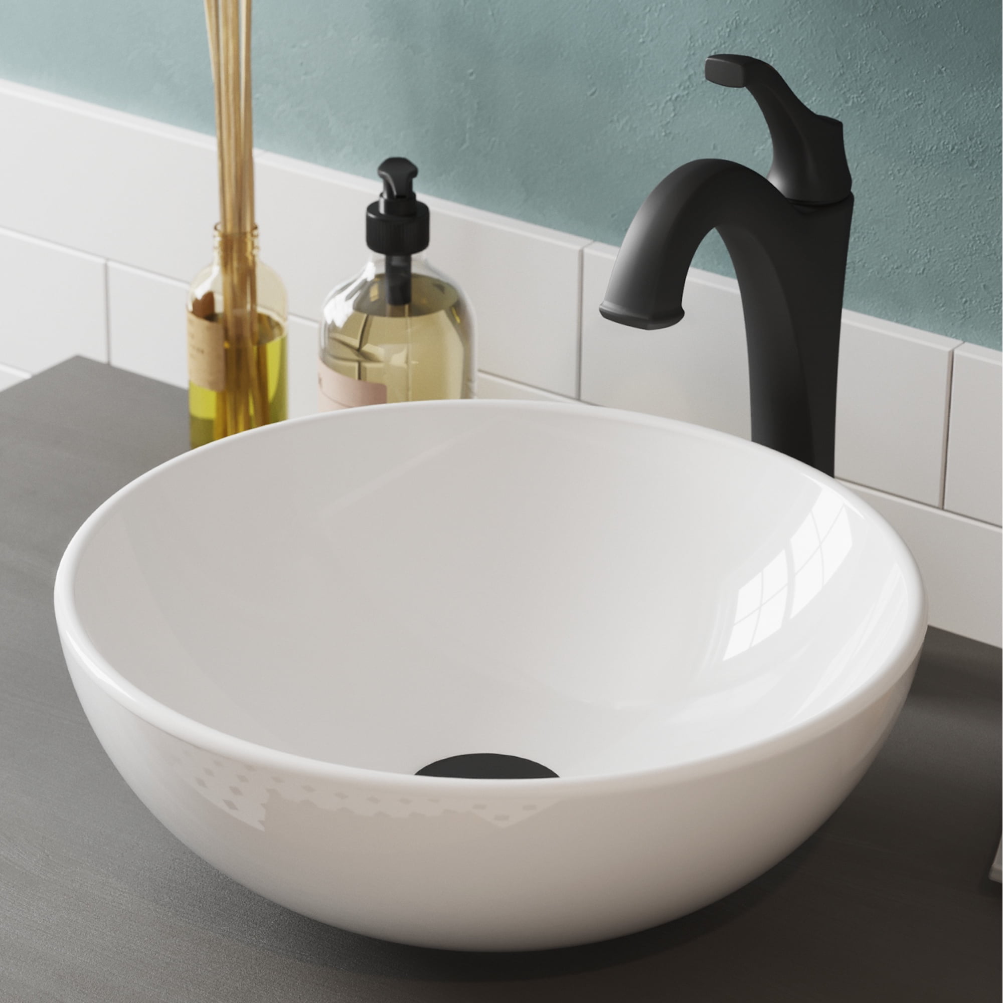 KRAUS Elavo 14-inch Round White Porcelain Ceramic Bathroom Vessel Sink and Matte Black Arlo Faucet Combo Set with Pop-Up Drain