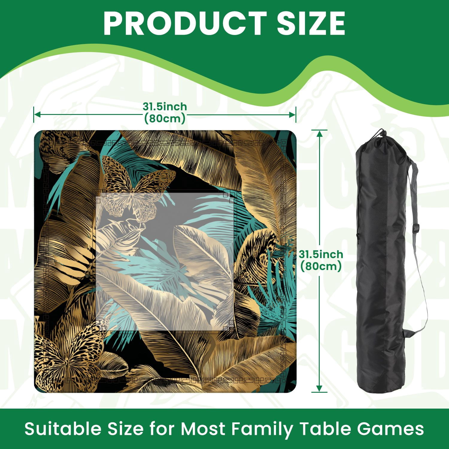 Mahjong Mat 31.5" x 31.5" Seamless Blue green Tropical banana leaves gold exotic palm Non-Slip Noise Reduction American Mahjong Tiles Table Cover for Dominoes Poker Card Board Games Gift