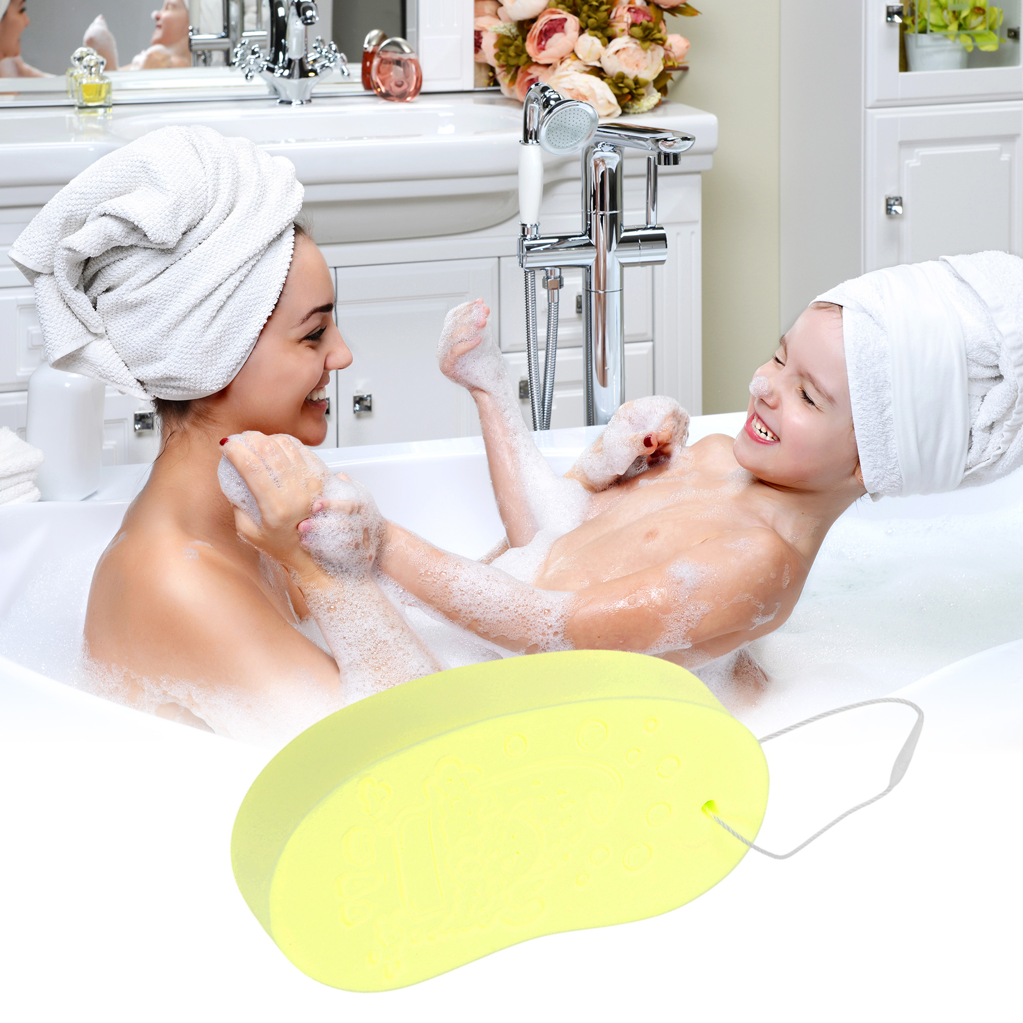 Unique Bargains Cat Pattern Bath Sponge Body Scrubber 1 Pc Yellow