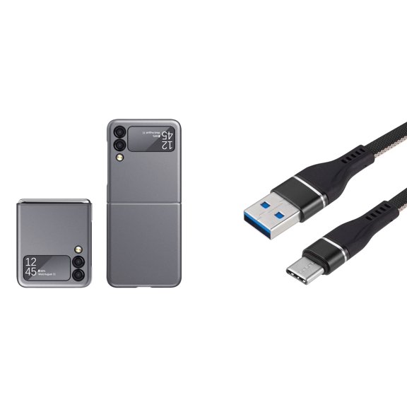 Bemz Galaxy Z Flip 3 5G Premium Bundle: Slim Rubberized Matte Snap On Case (Grey), Nylon Braided USB-C to USB-A Cable (3 Feet)