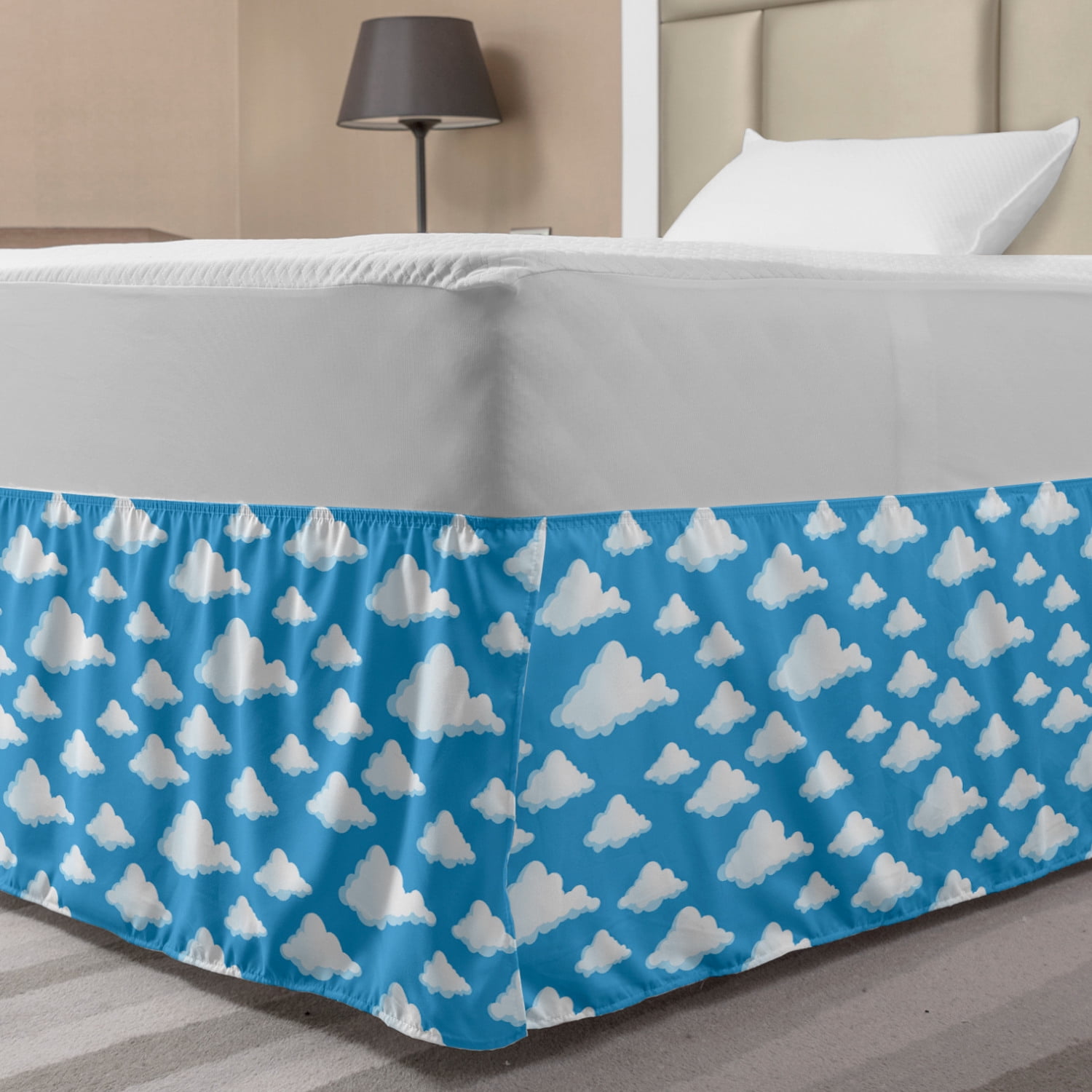 Sky Bed Skirt, Monochrome Simplistic Design Repeating Pattern of Fluffy