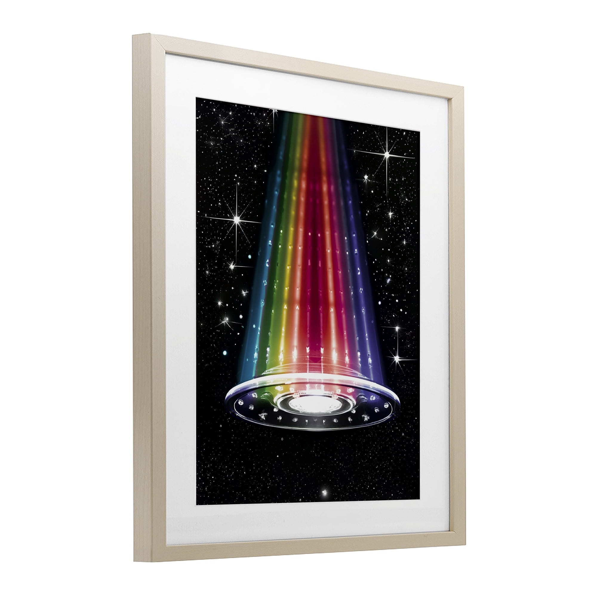 Rainbow Galaxy UFO Birch Framed Print Under Glass, design by Sasha