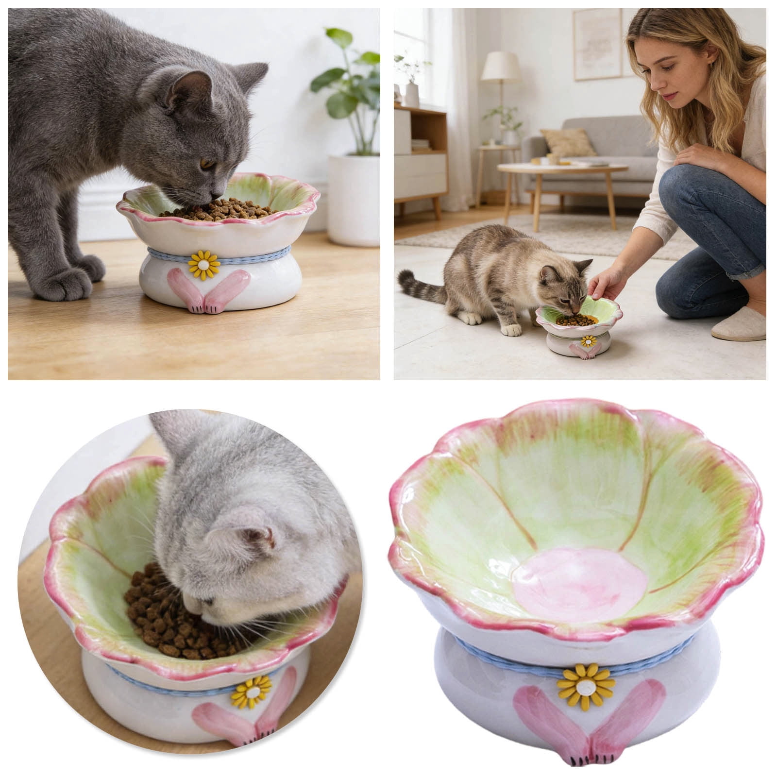 FTsdfkl Tilted Cat Bowl 15Â° - Ceramic Elevated Pet Food Dish, Elevated Floral Pattern,Non- Base for Cats/Dogs,Shallow Design,Anti Vomiting & Protect Pet's Spine