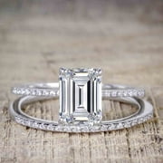 JEENJEWELS 2.00 Carat Emerald cut Moissanite Diamond Bridal Ring Set with 18k Gold Plating