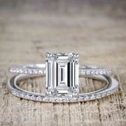 2.00 Carat Emerald cut Moissanite Diamond Bridal Ring Set with 18k Gold Plating