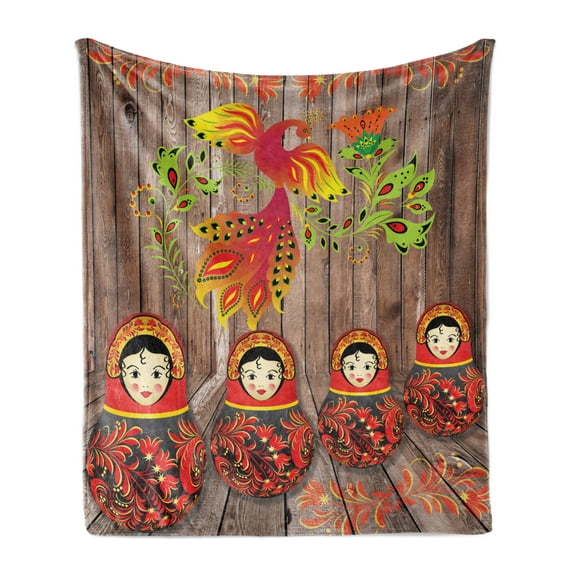 Ethnic Soft Flannel Fleece Throw Blanket, Folkloric Image with Traditional Russian Dols and Floral Bird Ornament on Wooden, Cozy Plush for Indoor and Outdoor Use, 70" x 90", Multicolor, by Ambesonne