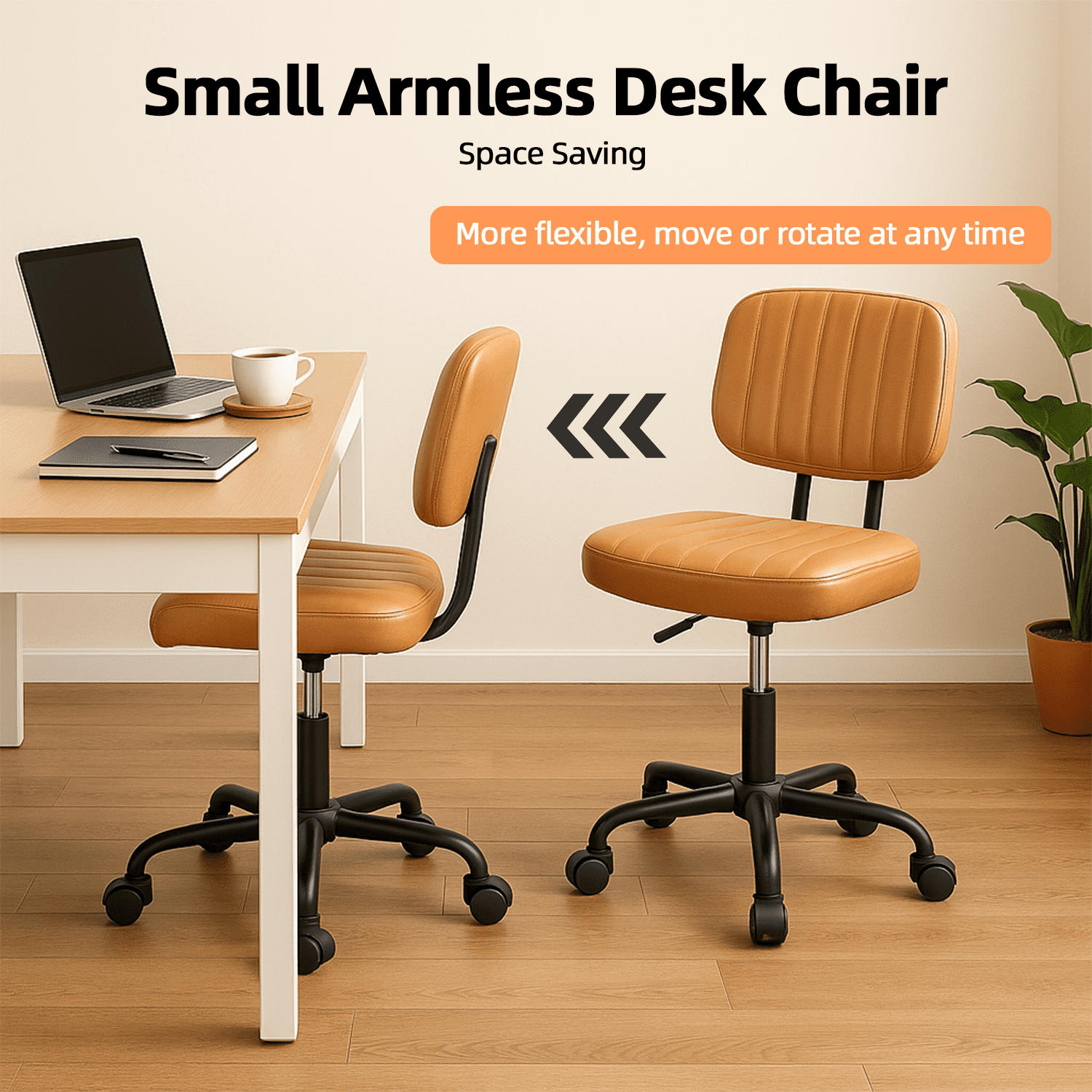 LIFERECORD PU Leather Armless Home Office Desk Chair, Small Ergonomic Task Chair for Adults and Students, Low Back Seating with Swivel, Adjustable Height, Rolling Wheels, Brown
